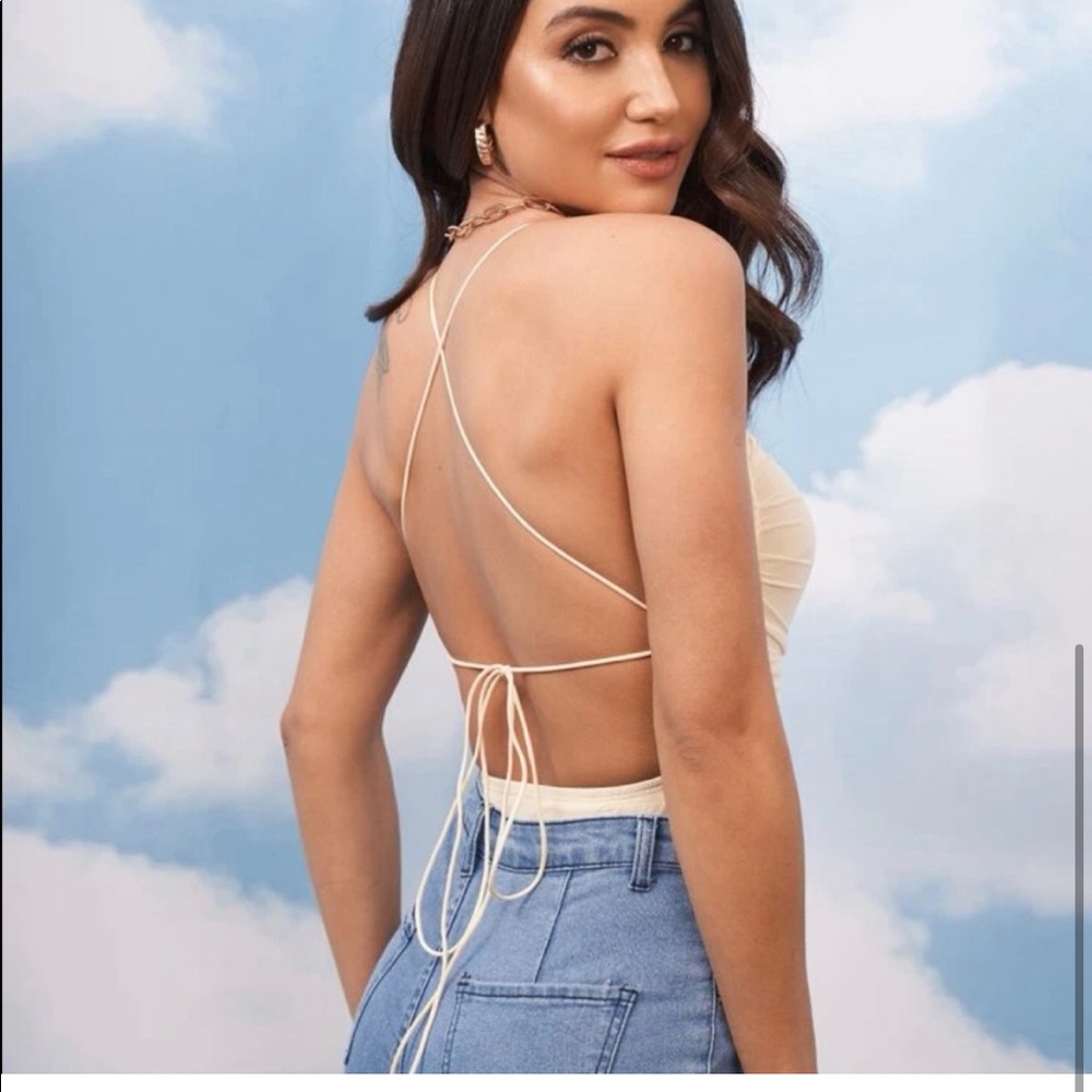Cream Backless Ruched Halter Bodysuit - Picture 3 of 4